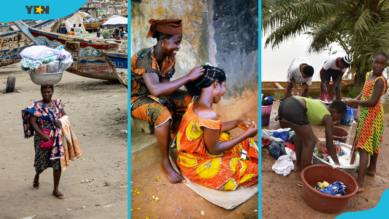 A Ghanaian woman selling clothes (L), a lady braiding another's hair (C), and Ghanaian girls washing clothes (R)