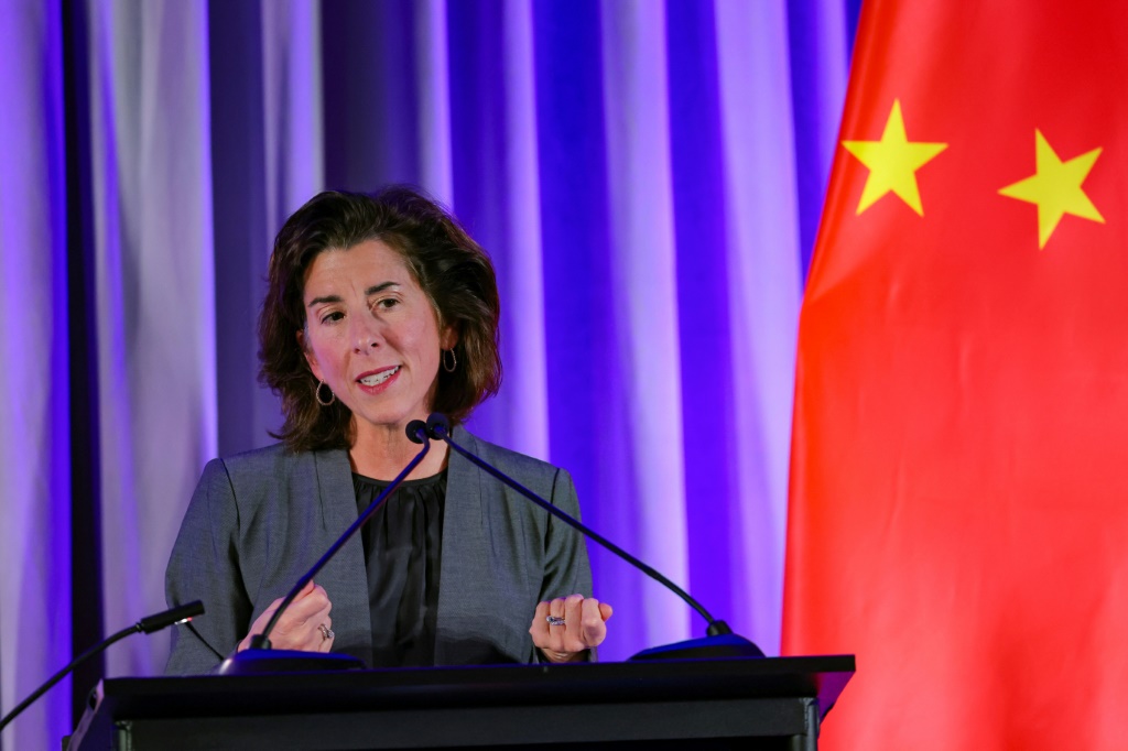 US Secretary of Commerce Gina Raimondo speaks on the sidelines of the Asia-Pacific Economic Cooperation (APEC) Leaders' Week in San Francisco, California, on November 15, 2023