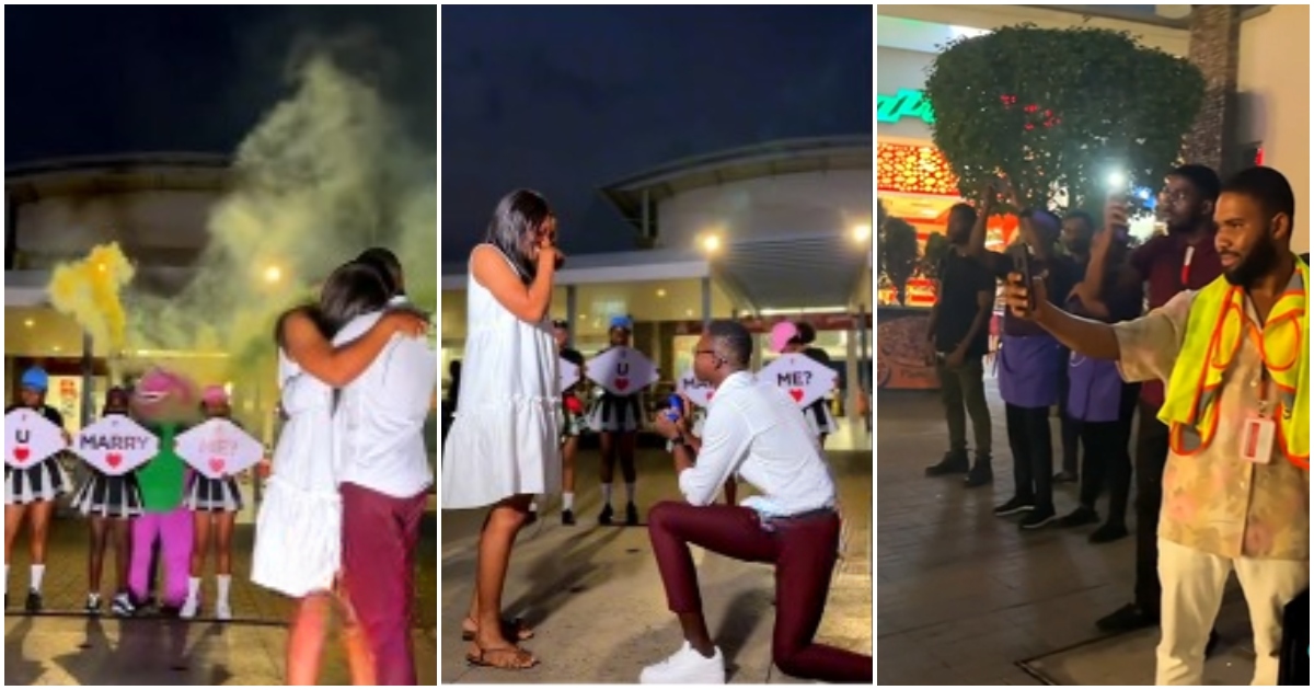 Photo of man proposing marriage to his girlfriend at Accra Mall