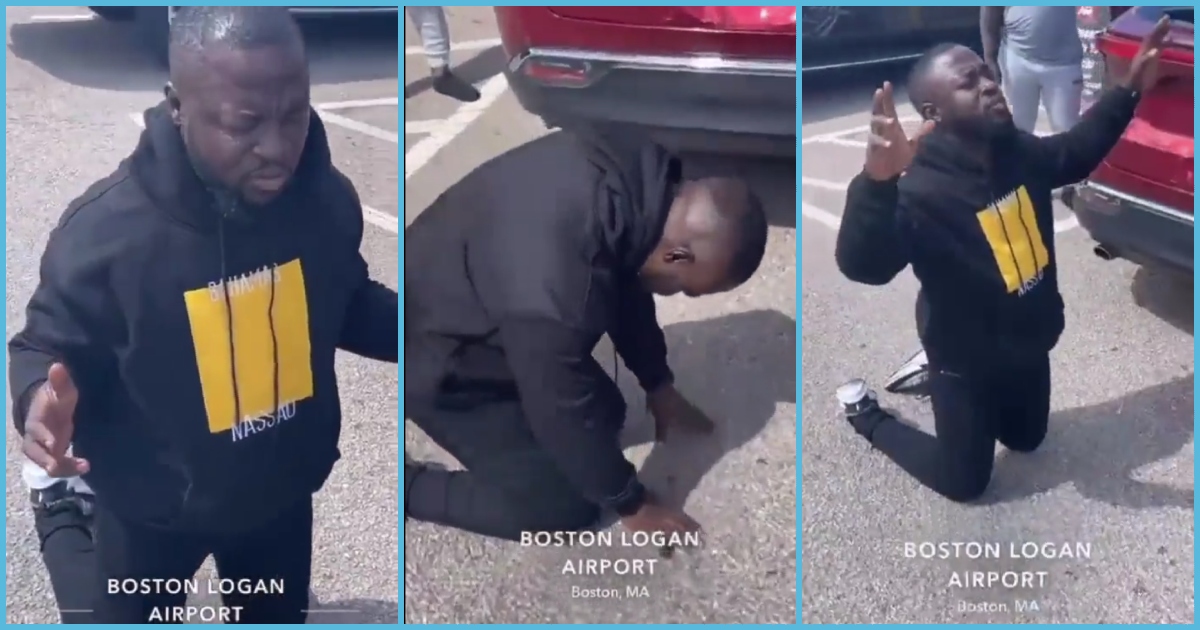 Ghanaian man kneels to pray and thank God for finally leaving Ghana and arriving in the US safely