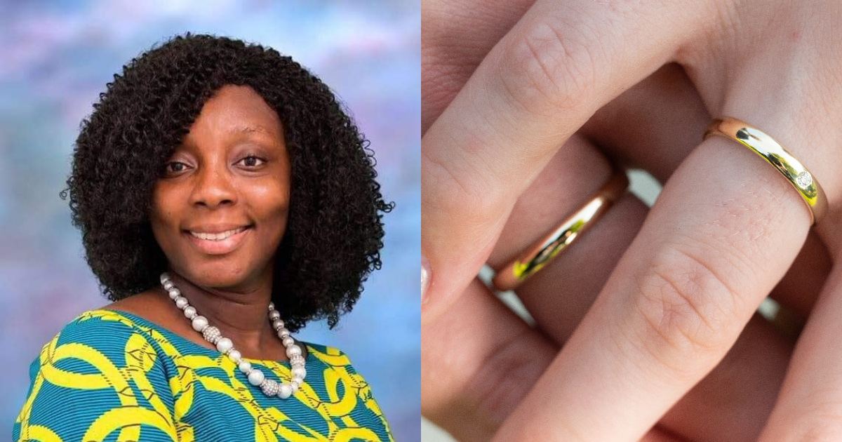 A collage of Ghanaian counsellor, Dr. Charlotte Oduro an hands with wedding rings on