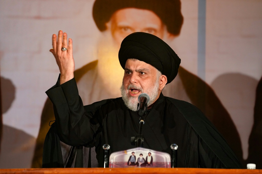 Iraqi Shiite cleric Moqtada Sadr delivers a speech in the central Iraqi city of Najaf on June 3, 2022