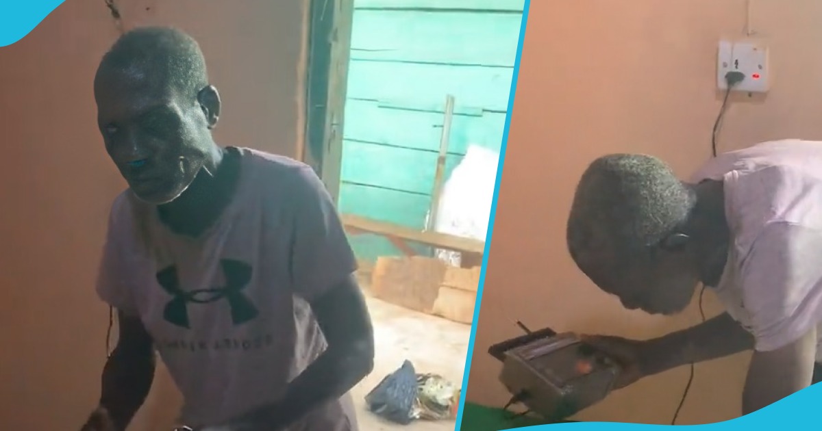Elderly man dances after being gifted radio set.