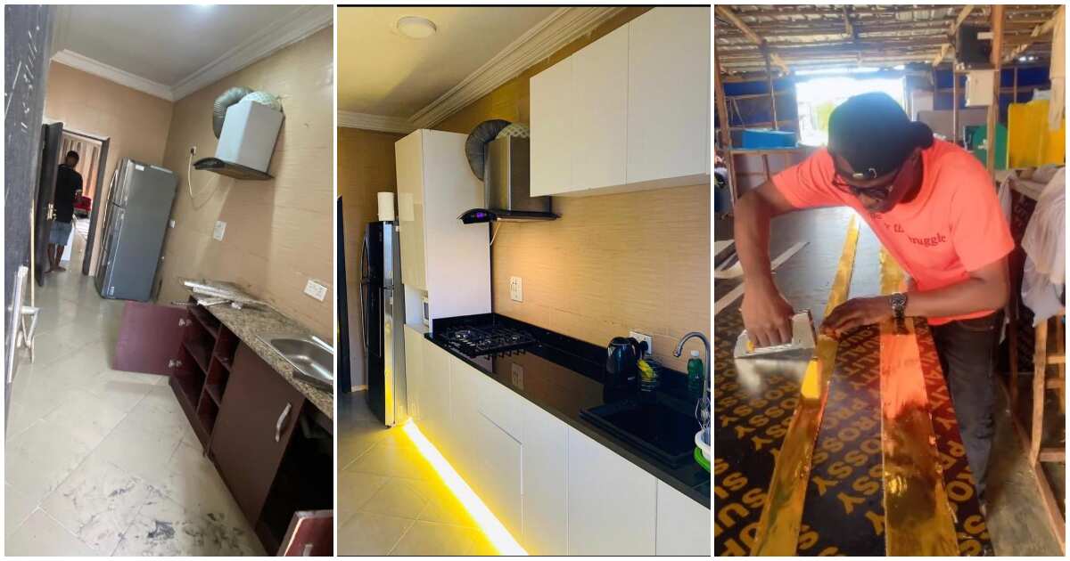 "I told my bro to drop his key": Talented Nigerian carpenter transforms brother's kitchen with fine board work