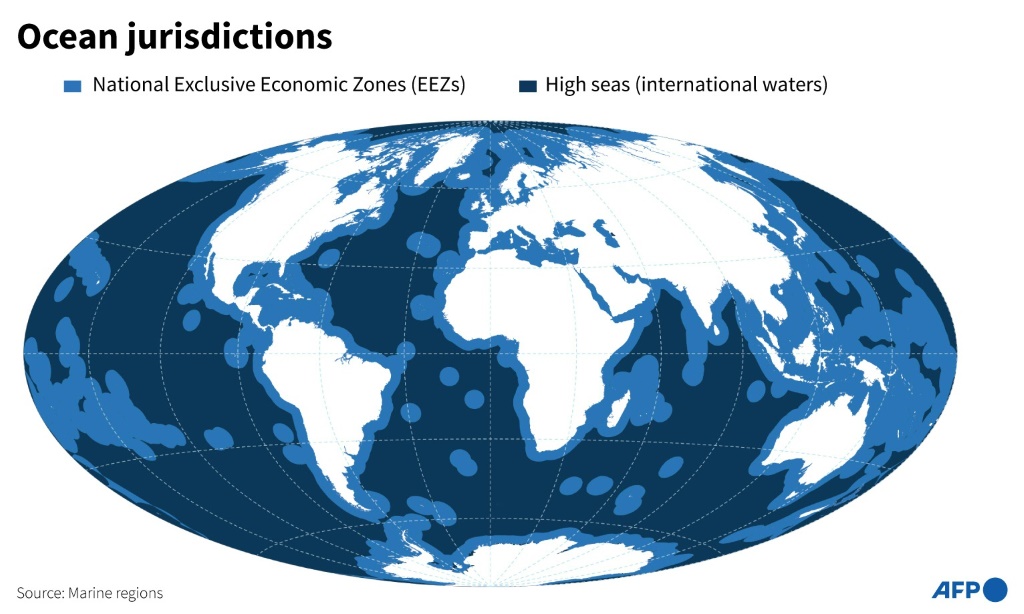 Map showing the exclusive economic zones of countries and the international waters of the high seas