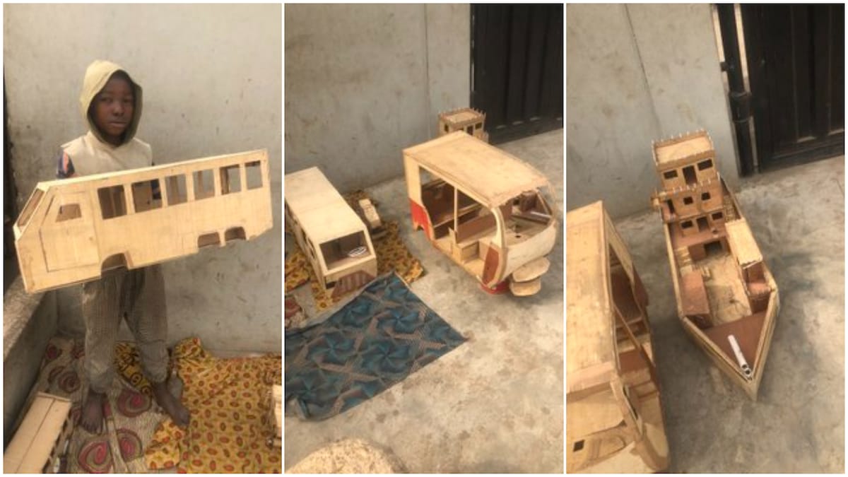 Nigerian boy builds ship, tricycle, bus replicas with woods, photos get people talking