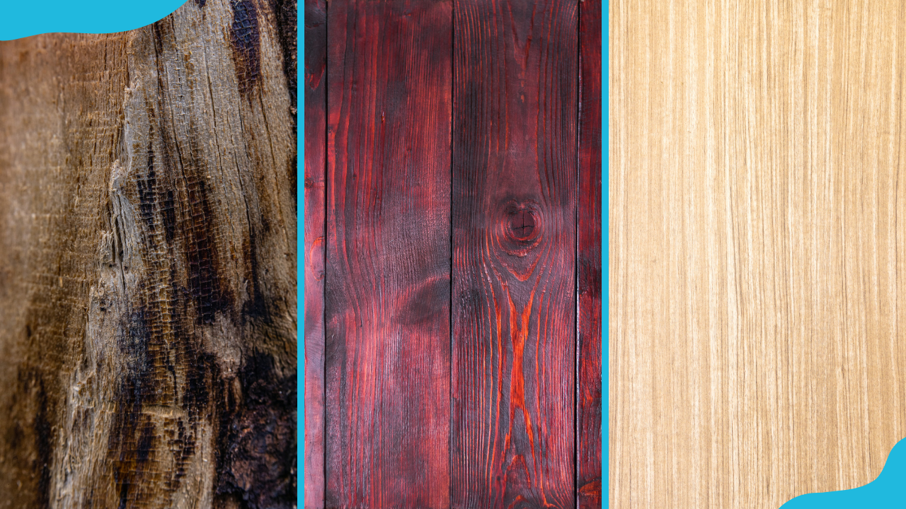 Distressed pine wood grain (L), old redwood (C), Western red cedar (R).