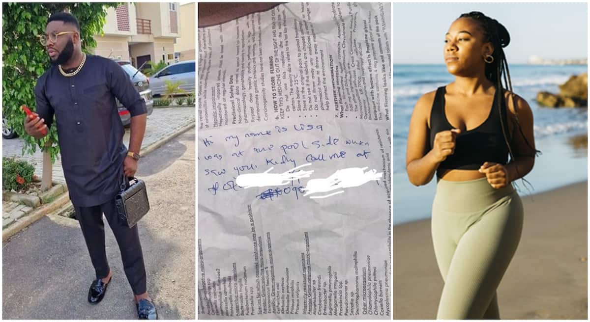 Photos of Fidelis Ozuawala and the note written to him by a young lady who begged him to call her.