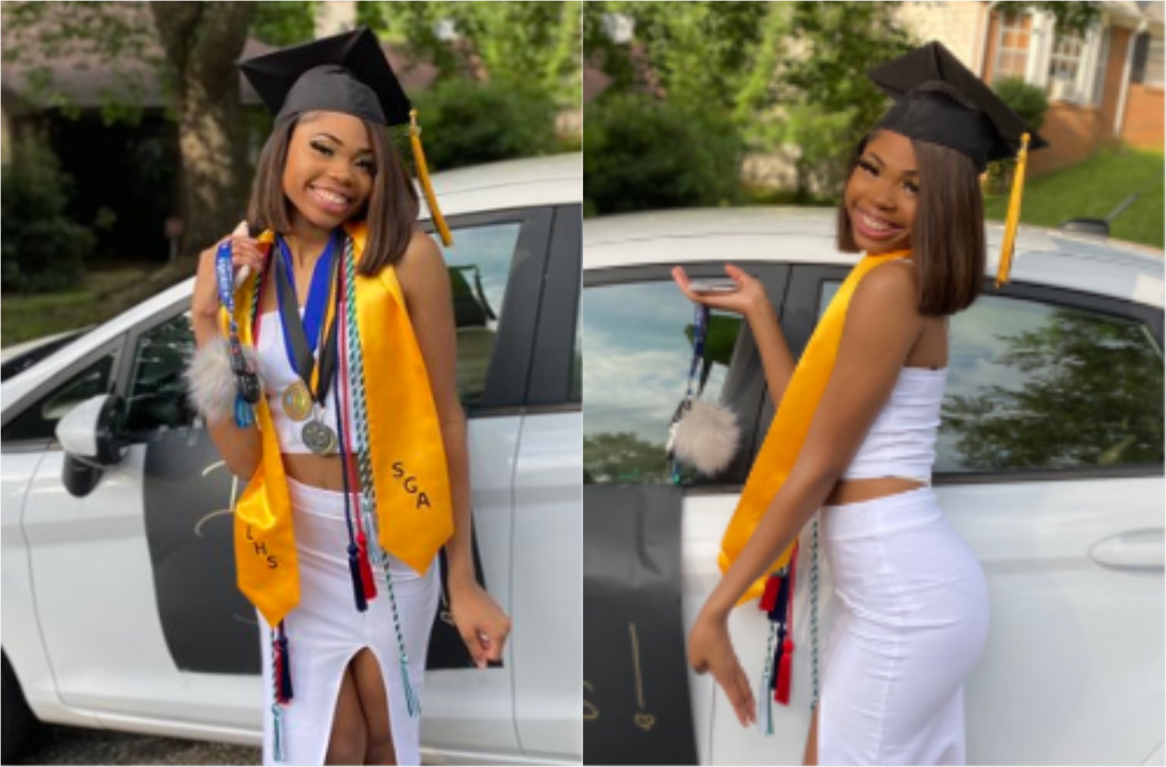 PHOTOS: Pretty lady with fine legs flaunts new car to celebrate her graduation from university