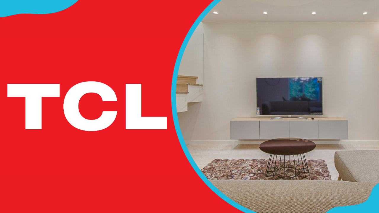 The TCL logo and a smart TV in a living room