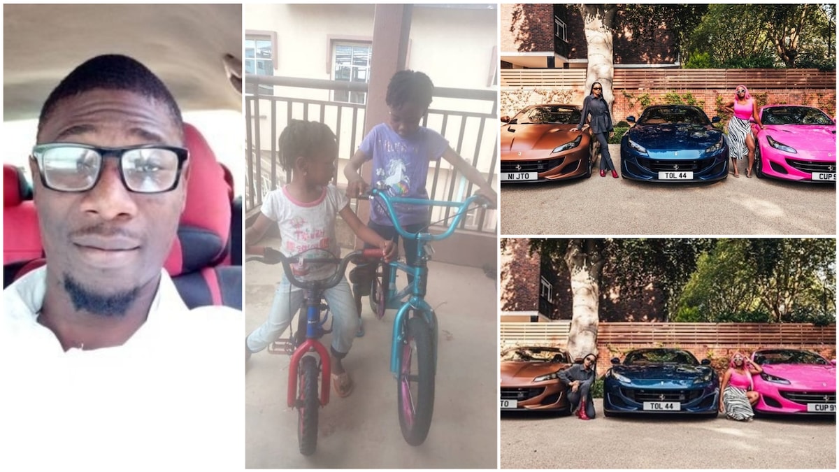 A collage showing the dad, his daughter and the Ferarri for the Otedolas. Photo source: Twitter/Dauda/DJ Cuppy