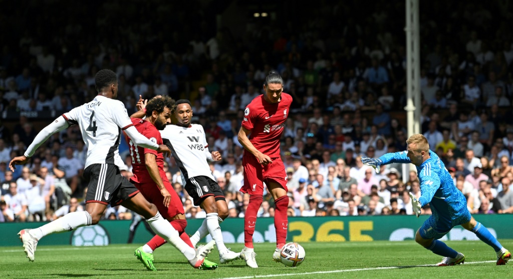 Mohamed Salah (2nd L) equalises for Liverpool in a Premier League draw at Fulham on August 6, 2022.