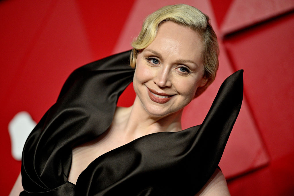 Gwendoline Christie in a black structured dress as she attends The Fashion Awards 2023