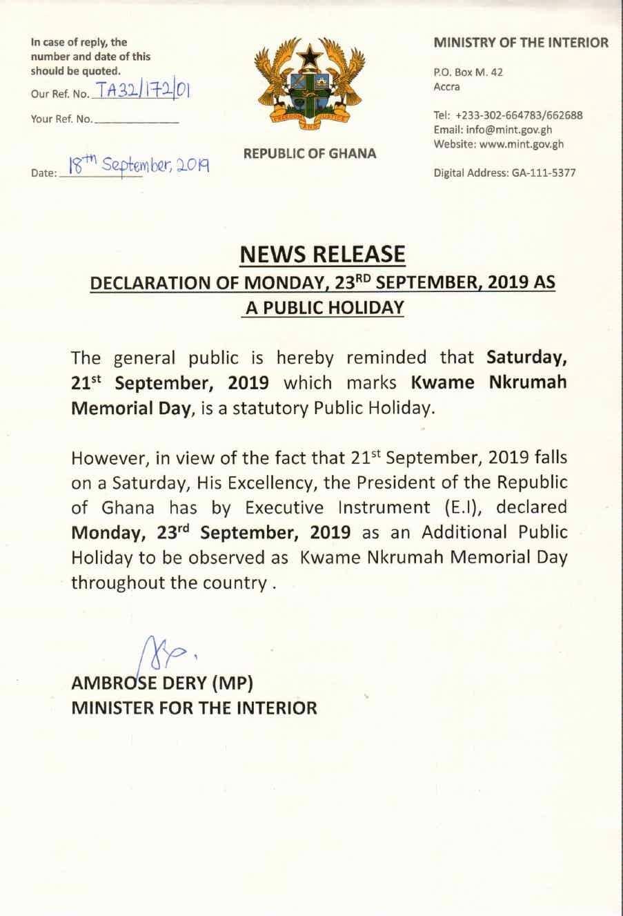 September 21 declared public holiday to mark Nkrumah memorial day