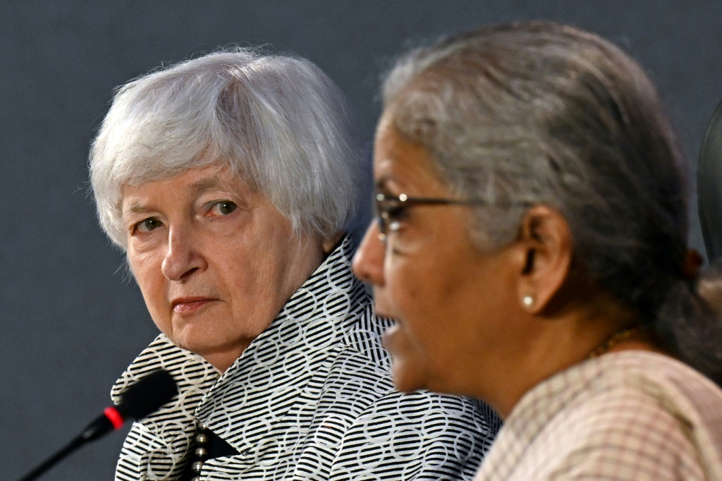 US Treasury Secretary Janet Yellen (L) listens to India's Finance Minister Nirmala Sitharaman during a press conference at a G20 meeting of finance and central bank chiefs