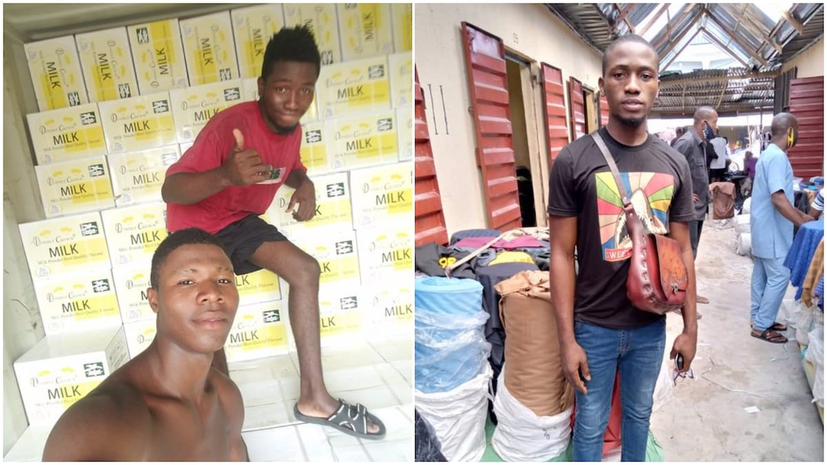 Young Nigerian man who helps people to carry loads in market finally opens cloth shop