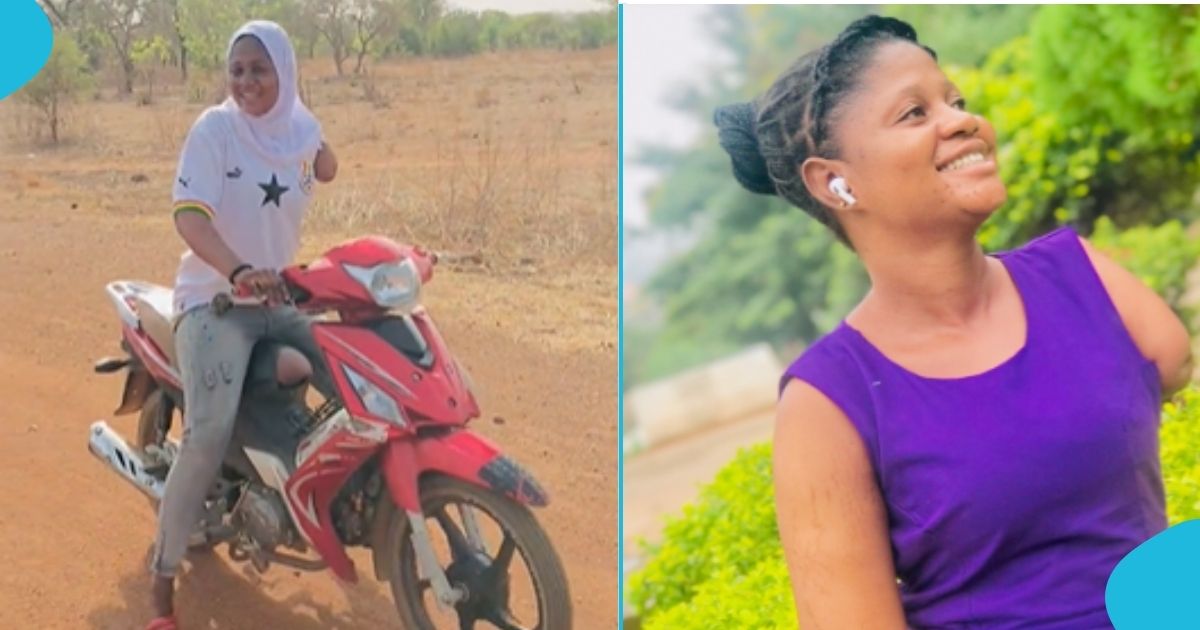 Physically challenged Ghanaian lady rides a motorbike with one hand, netizens react