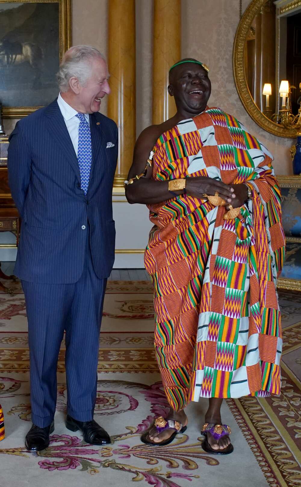 Asantehene Otumfuo Osei Tutu II and King Charles III at Buckingham Palace.
