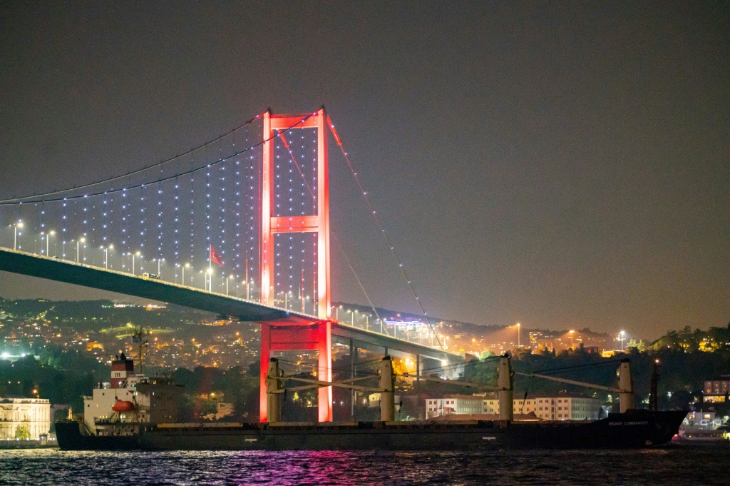 A UN-chartered freighter carrying more than 23,000 tonnes of Ukrainian grain sails along the Bosphorus Strait on Wednesday