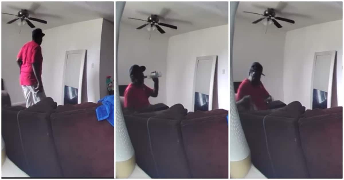 Video of maintenance man drinking wine, lady catches maintenance man drinking wine in her house, lady and her maintenance man