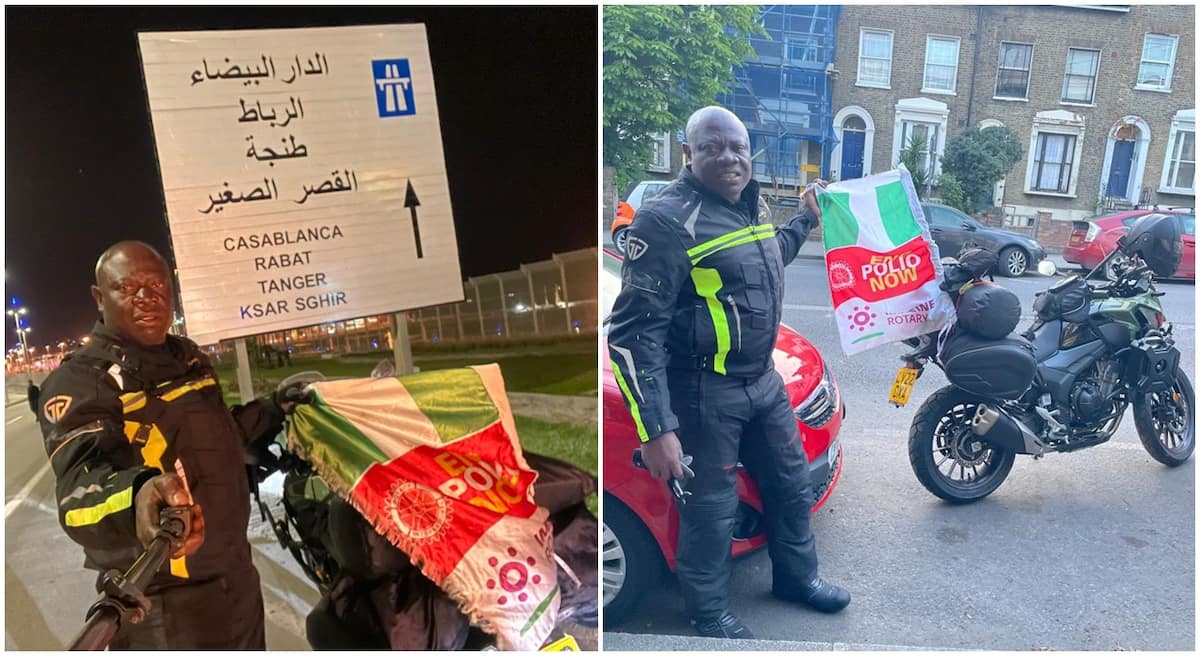 Nigerian biker, Kunle Adeyanju who is riding from London, UK, to Lagos Nigeria, is now in Africa, close to Casablanca, Morocco.