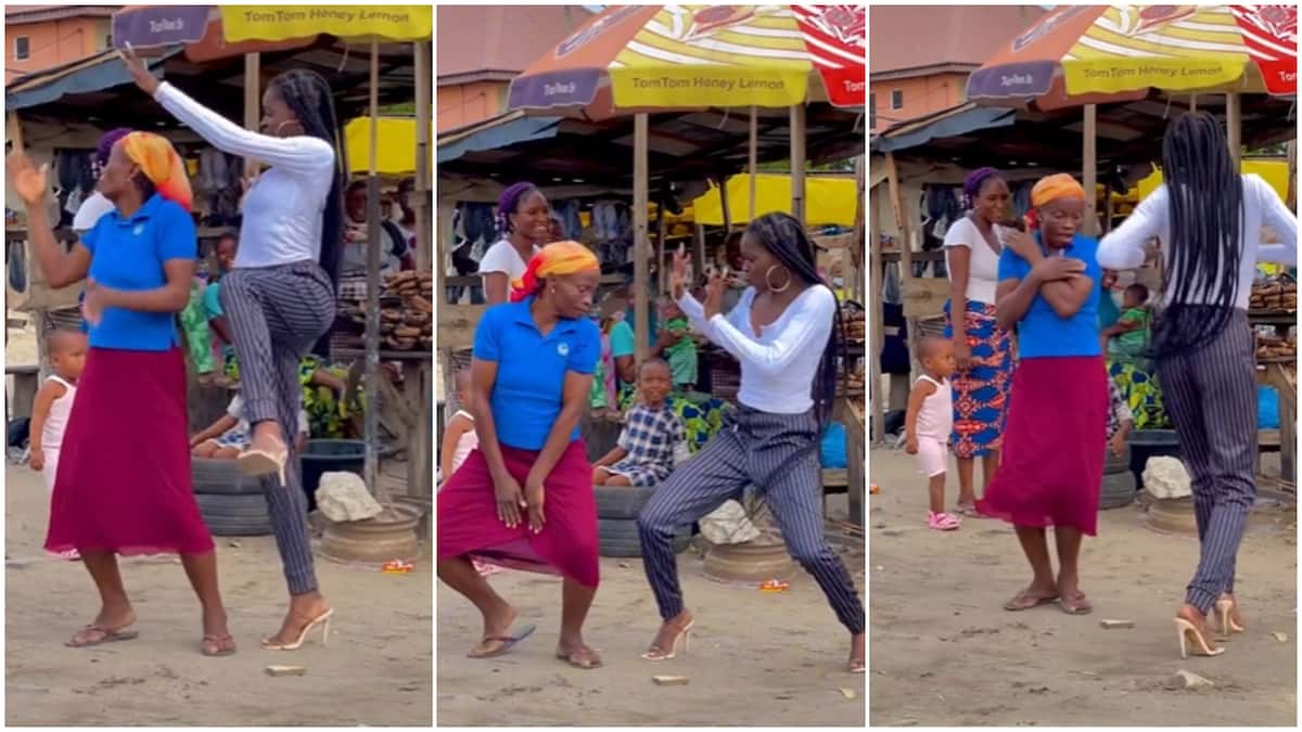 Pretty lady in heels 'challenges' market woman to Buga dance, they compete with moves in viral video
