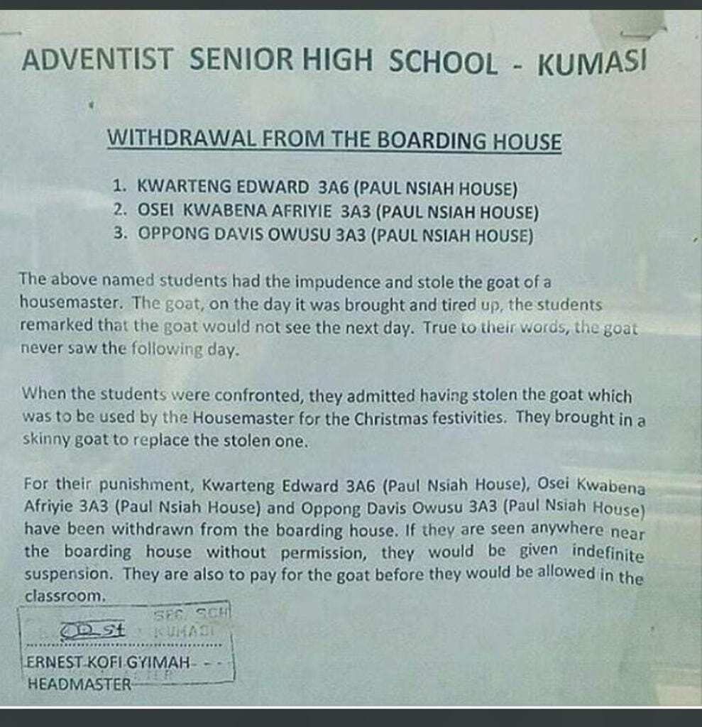 3 Adventist SHS students in Kumasi steal their housemaster's goat; get 'deboardinized'