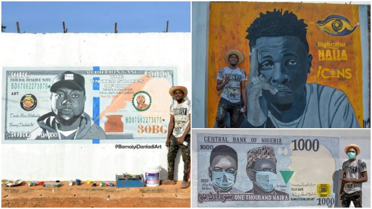 Nigerian artist paints Davido, Laycon, naira notes on the walls, photos go viral