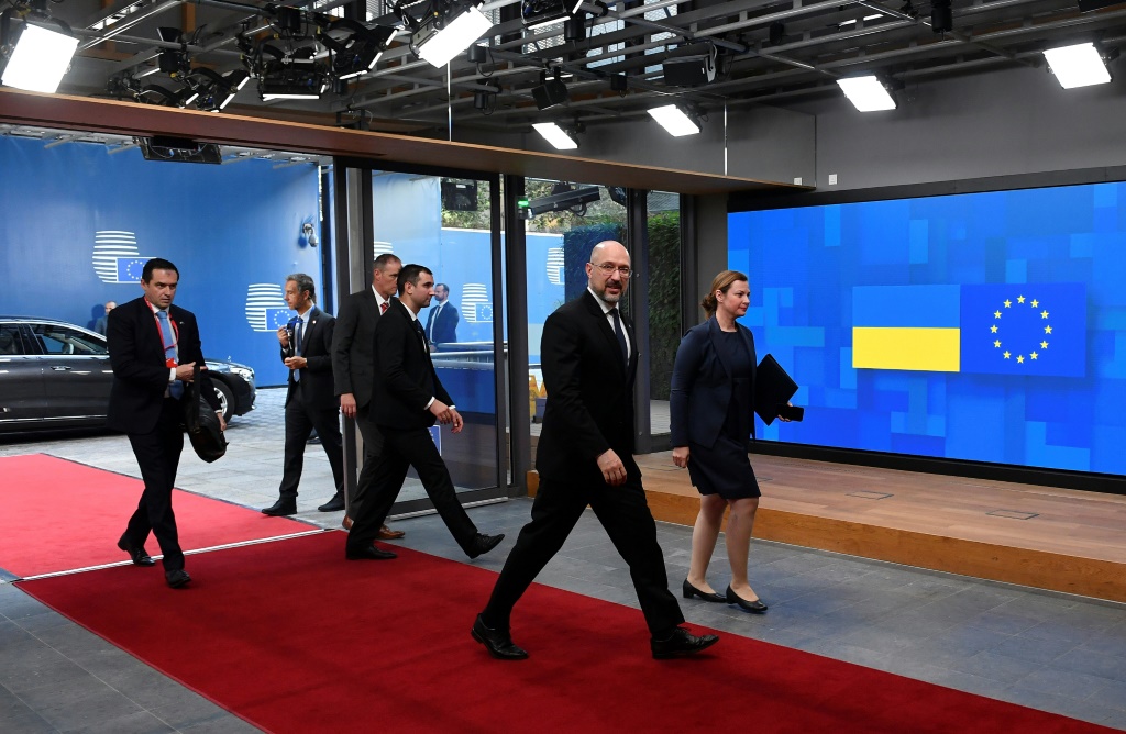 Ukrainian PM Denys Shmyhal arrives for Monday's meeting of the EU-Ukraine Association Council
