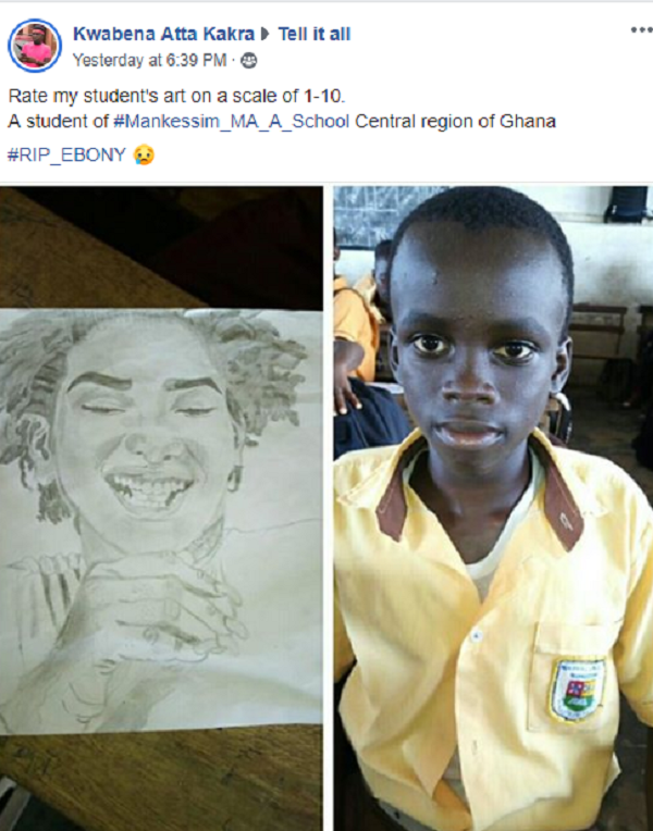 Ghanaian boy stuns the world with mind-blowing drawing that looks just like the late Ebony Reigns