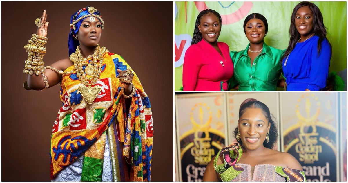 Ghana's Most Beautiful winners, Akua, Esi and Sarfowaa, pose together in colourful outfits at a star-studded event