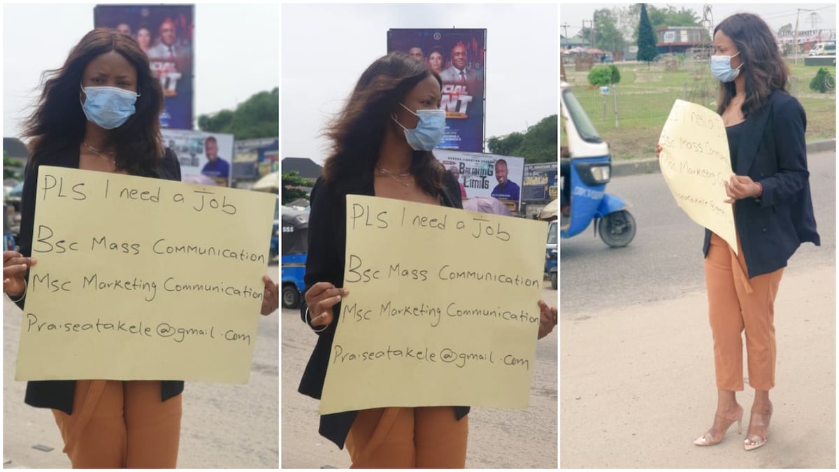 Frustrated Nigerian lady with master's degree hits Warri street to beg for job with cardboard, photos go viral