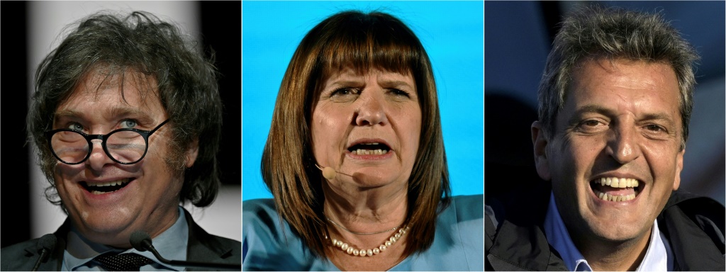 Political outsider Javier Milei, former security minister Patricia Bullrich, and Economy Minister Sergio Massa, are the frontrunners in the election(L to R)