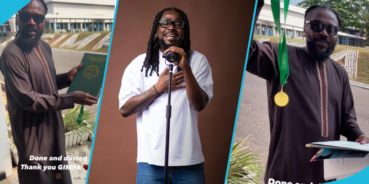 Samini finally gets a degree, proudly flaunts his certificate and medal on graduation day (video)