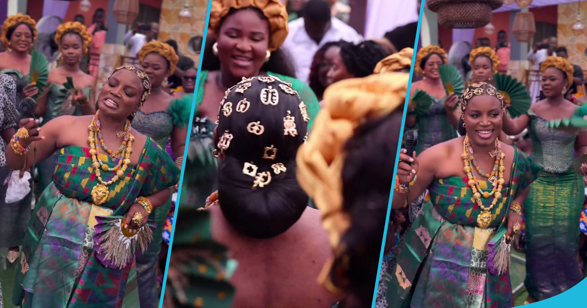 Irene Logan weds at 40, looks ethereal in green kente and gold ensemble for her trad wedding
