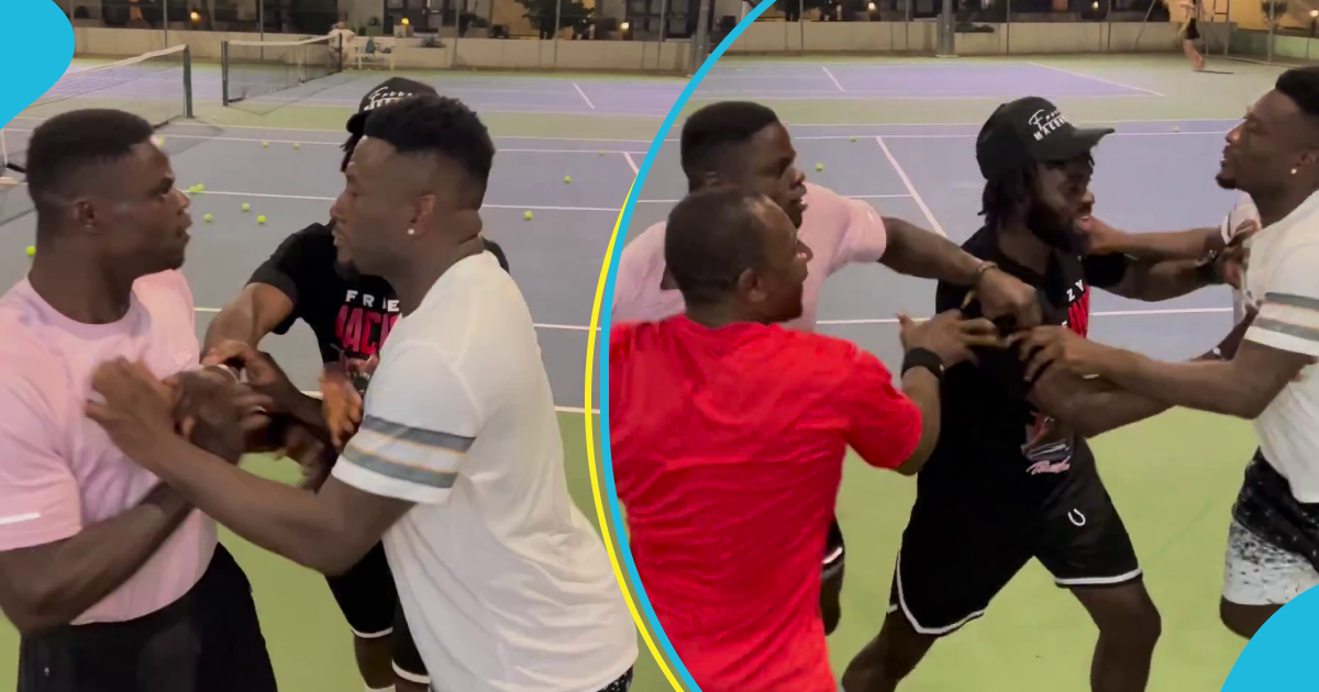 Asamoah Gyan and Freezy Macbones in a fake fight on the tennis court