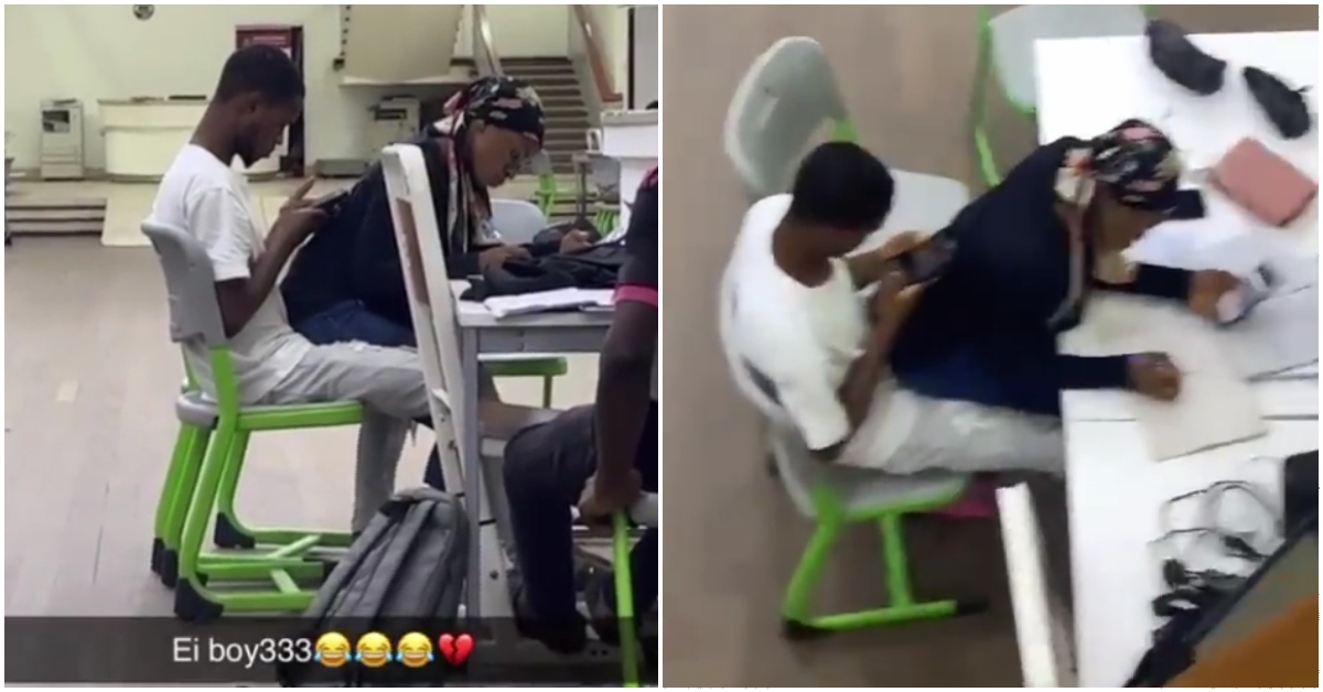 KNUST girl spotted sitting on boy's lap while they studied at the school's library in video