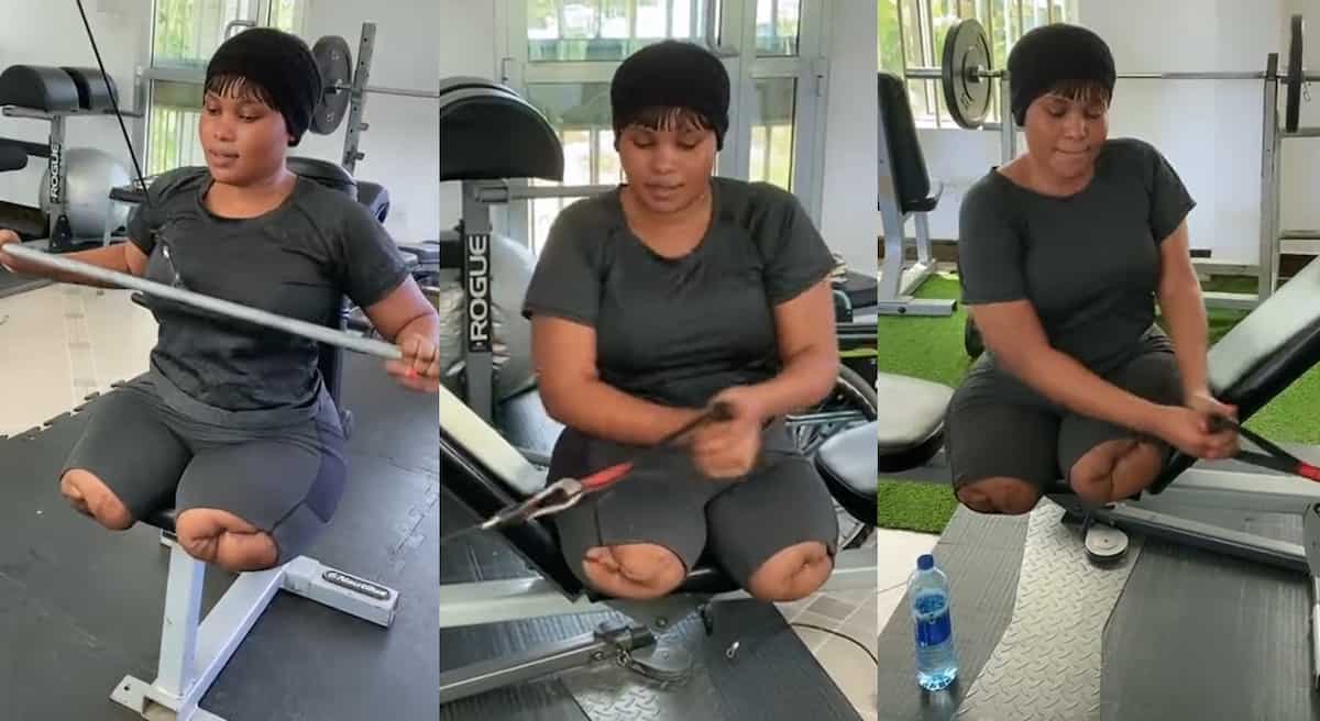 Photos of a disabled lady performing excercies at the gym.