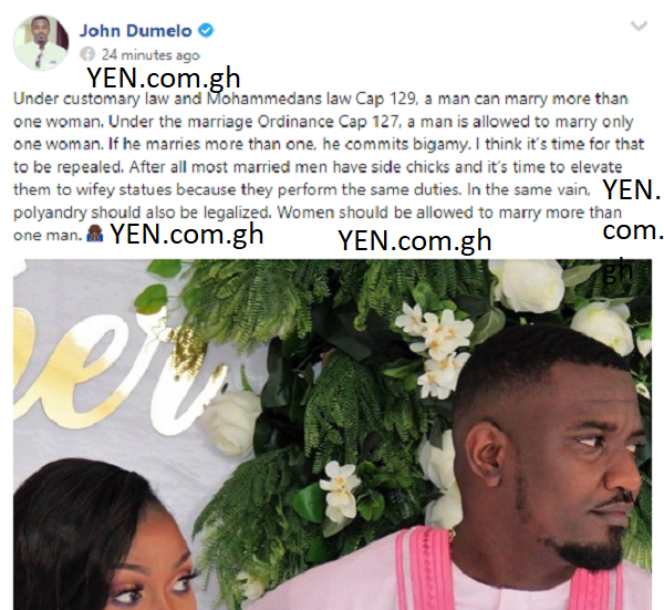 John Dumelo pushes for bigamy, polygamy; says “It is time to elevate side chicks to wifey statuses”