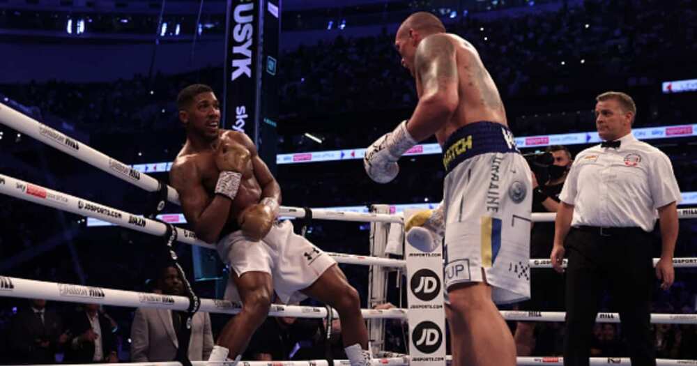 Oleksandr Usyk of Ukraine fights Anthony Joshua of Great Britain during the Heavyweight Title Fight between Anthony Joshua and Oleksandr Usyk at Tottenham Hotspur Stadium on September 25, 2021 in London, England. (Photo by Julian Finney/Getty Images)