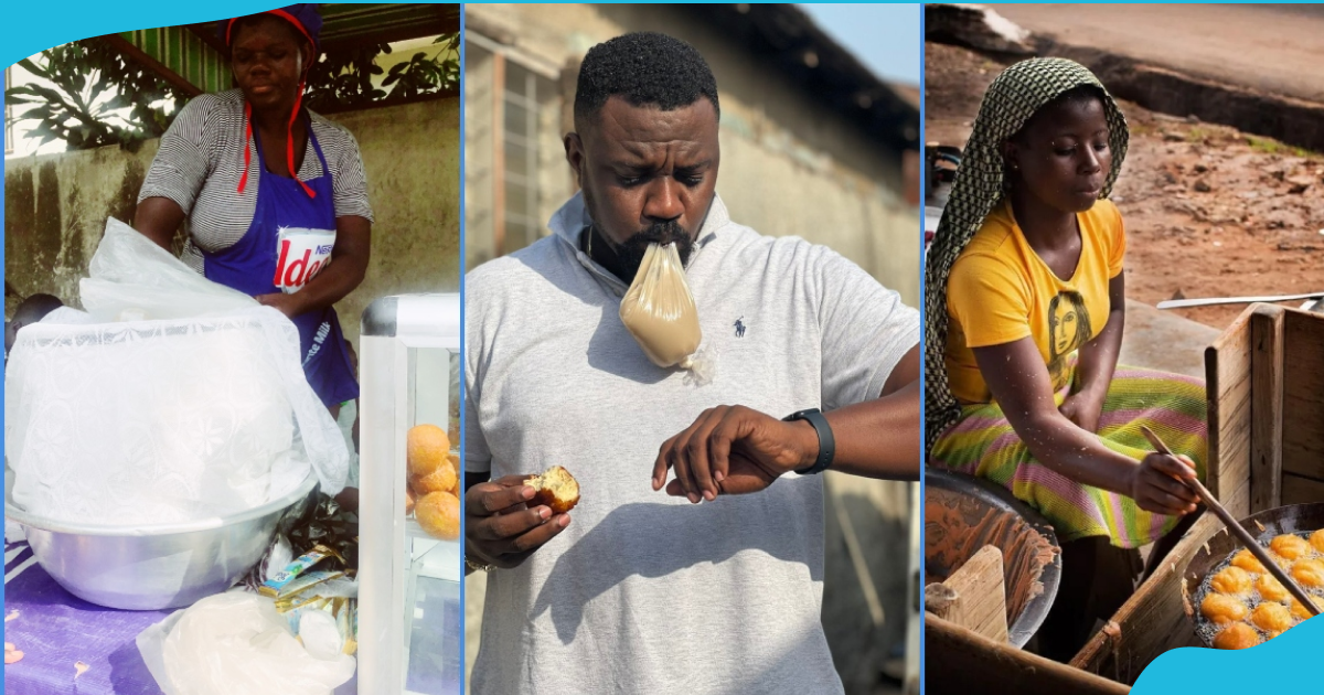 John Dumelo shows humble side as he drinks kooko & eats bofrot from plastic bag