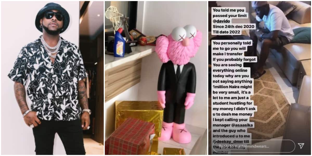 Davido: Unilag student calls out singer for owing him N1m since 2020, shares photos and video proof