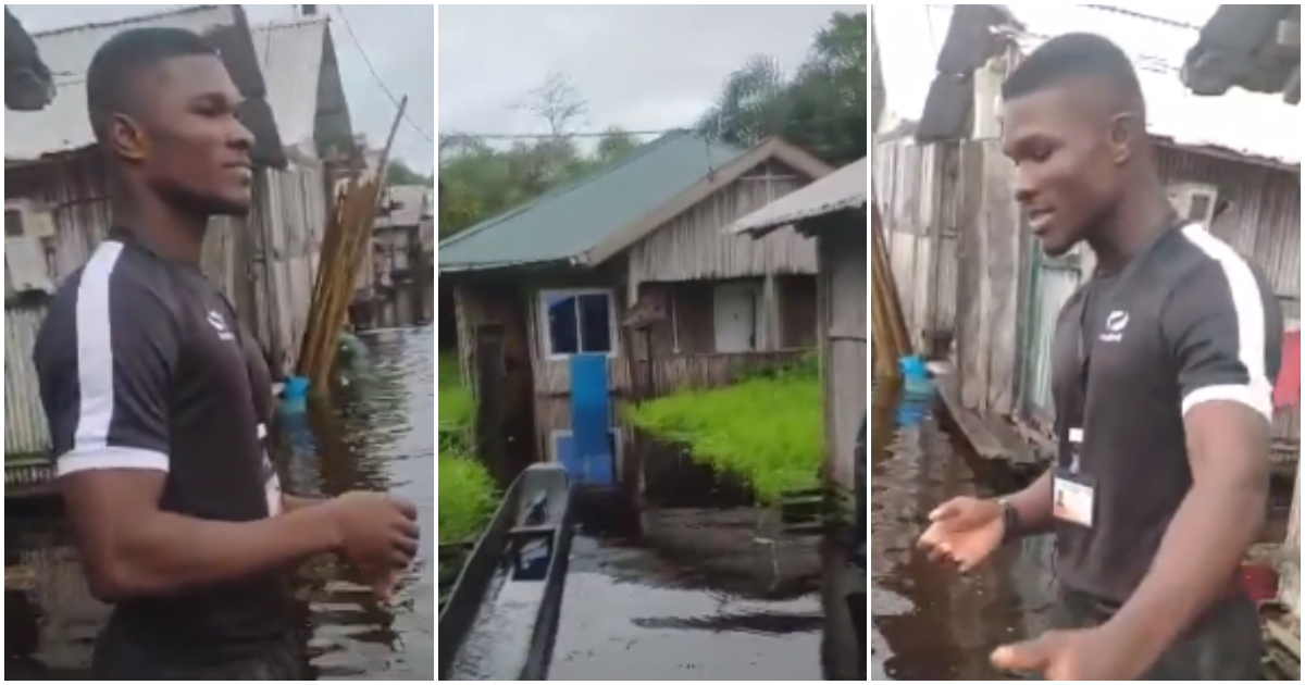 Photos of young man and flooded areas in Nzulezu.