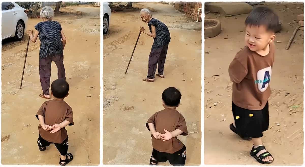 Photos of a little boy walking behind an old woman and copying her movement.