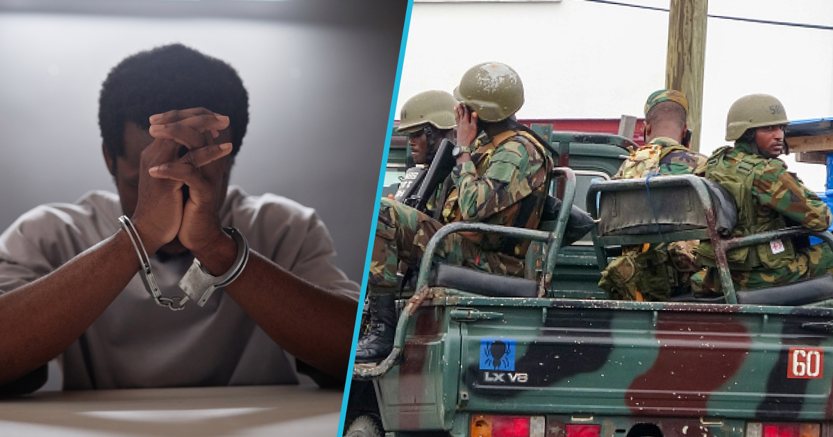 Man in handcuffs and Ghanaian military officers