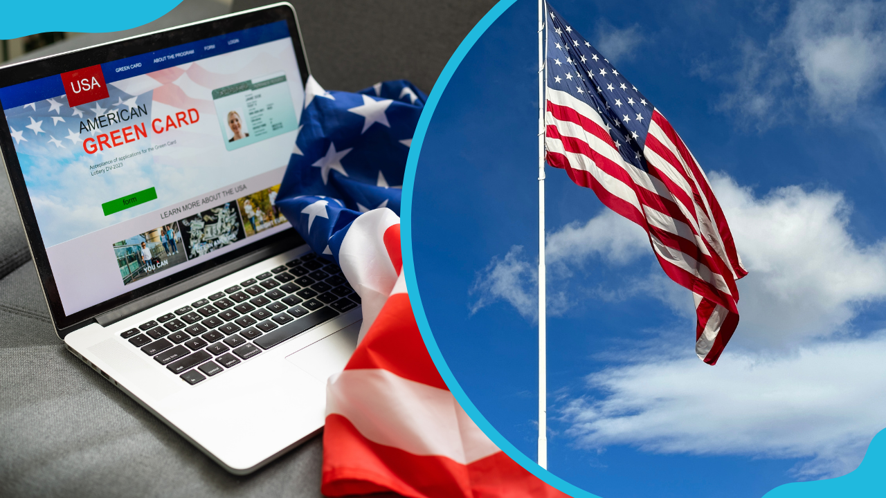 Green card in a search engine on the computer and the American flag against the blue sky