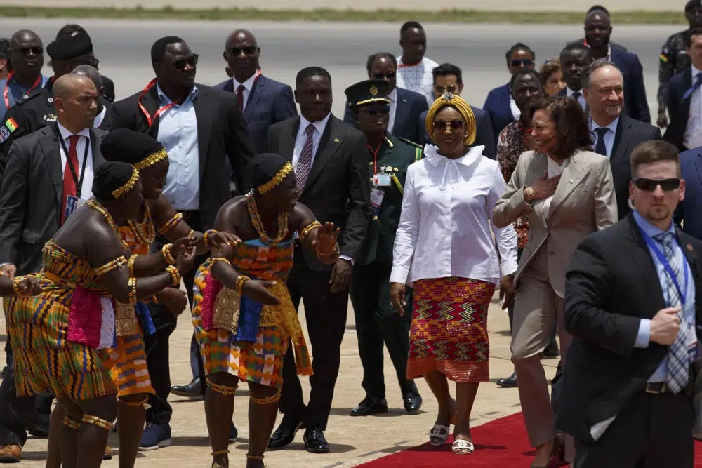 Shirley Ayorkor Botchwey Rocks White Shirt And Kente Skirt To Welcome Vice President Kamala Harris To Ghana