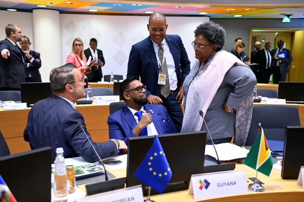 The EU-CELAC summit brought together European leaders like Luxembourg's Prime Minister Xavier Bettel (L) and Caribbean counterparts Barbados Prime Minister Mia Mottley (R), Guyana's President Irfaan Ali (2nd L)