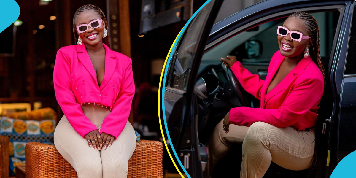 Felicia Osei flaunts plush car, turns heads in pink cropped suit and glasses in new photos