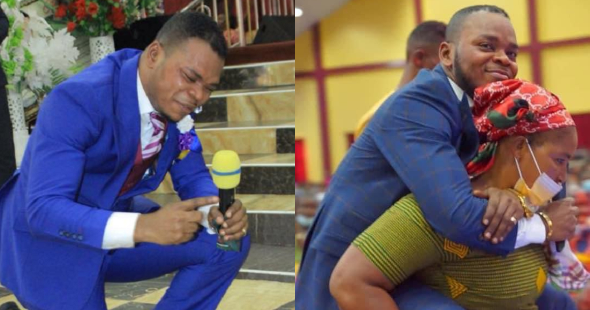Obinim makes elderly woman carry him during deliverance from waist pain; 2 photos drop